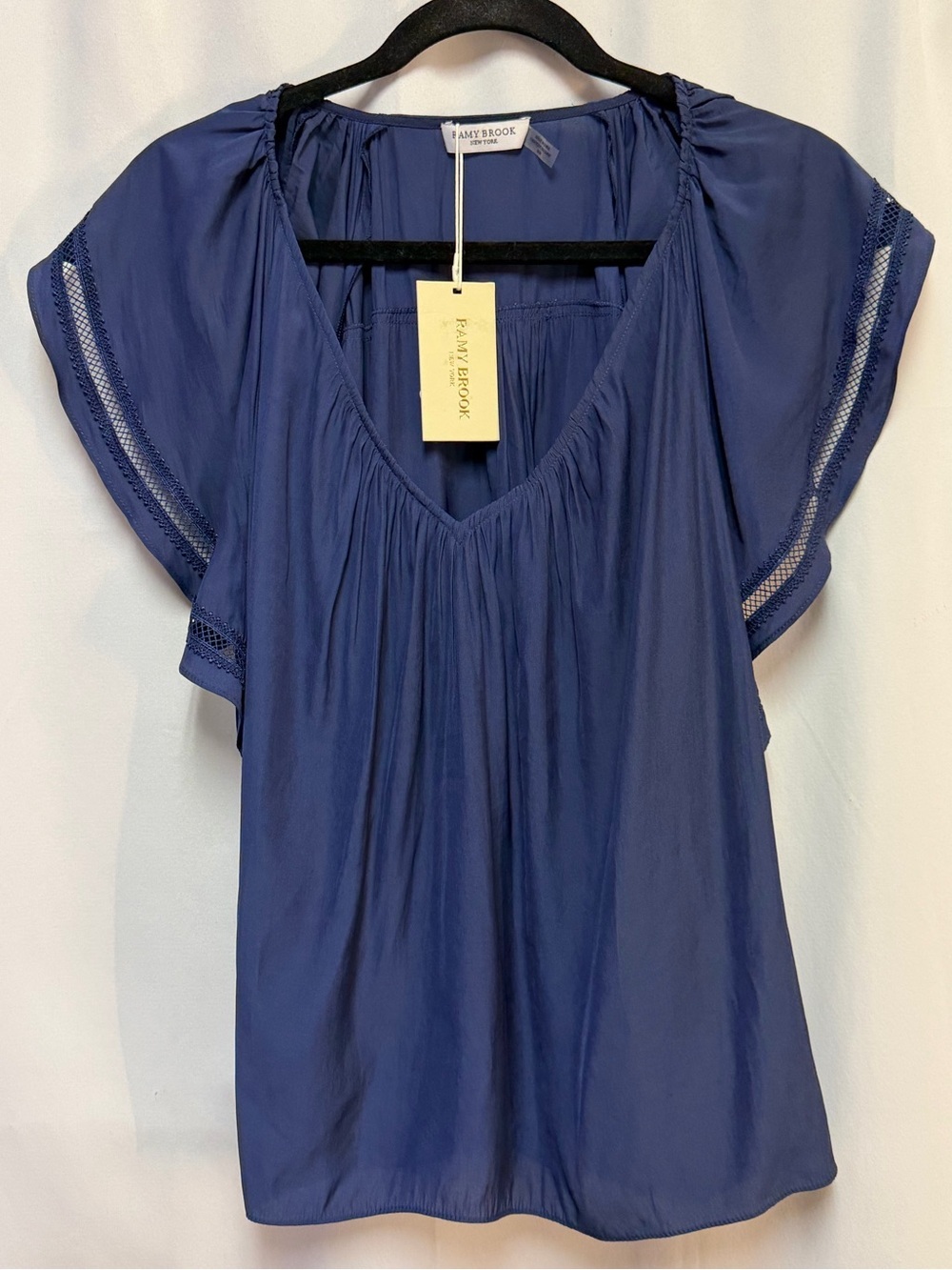 Ramy Brook Deep Blue Flutter Sleeve V-Neck Winston Blouse NWT Size Medium